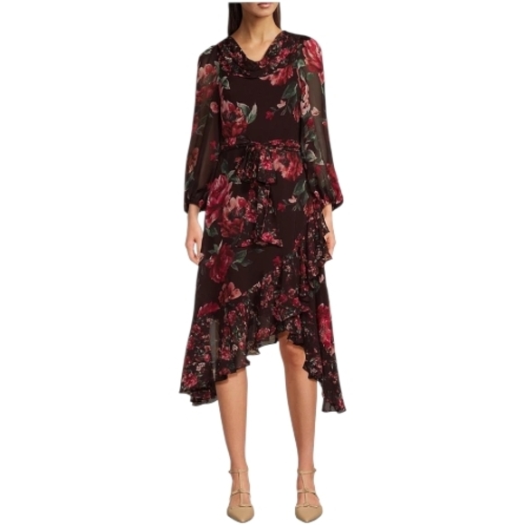 Alex Marie Dresses & Skirts - Alex Marie Birdie Chiffon Floral Print Cowl Neck  Tie Waist Ruffles Plus Size 18